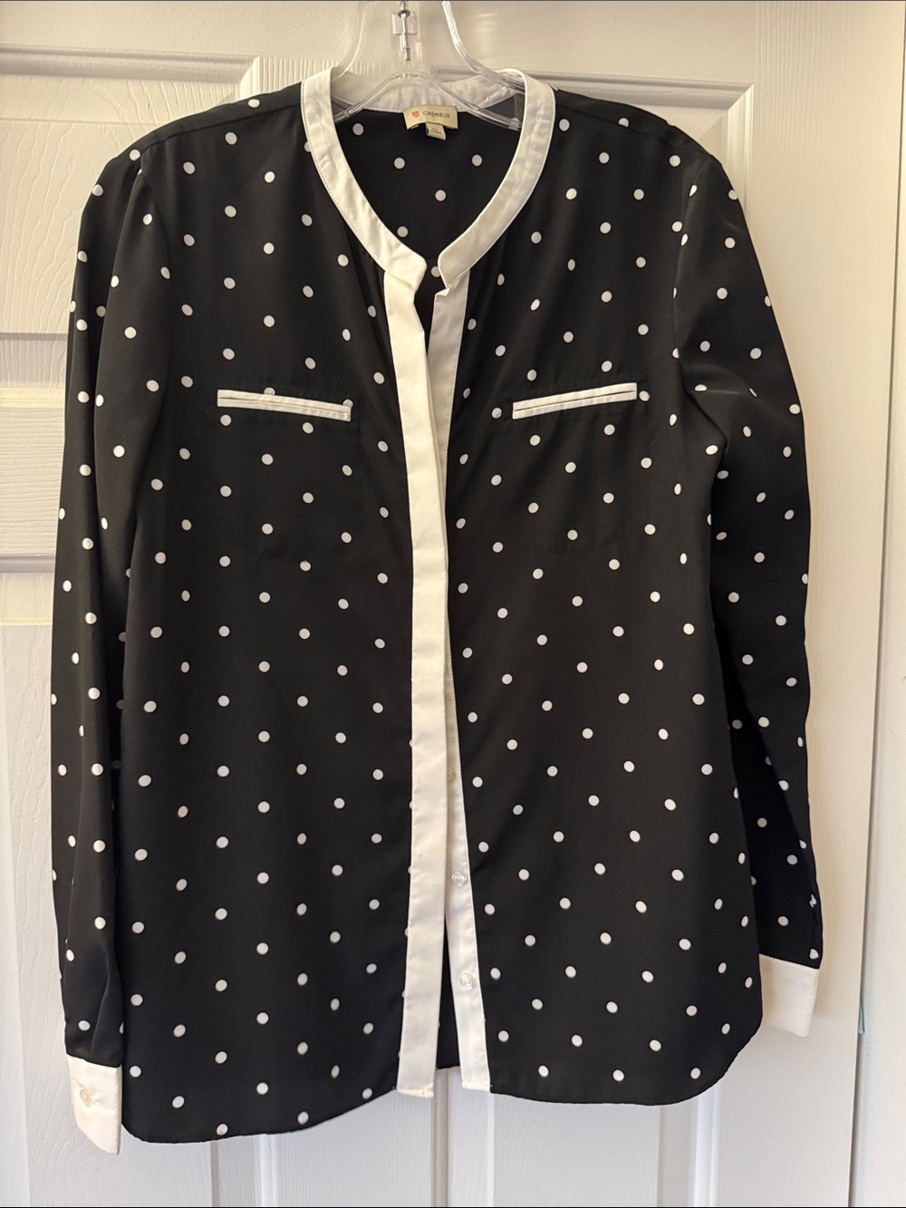 Daniel Cremieux Black and White Polka Dot Blouse with Contrast Trim